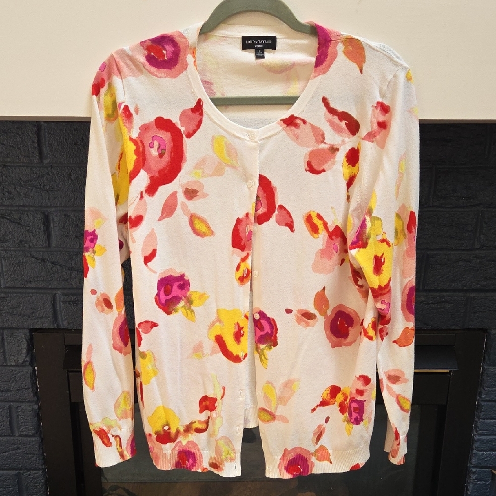 Lands' End Women's Floral Cardigan - White with Red and Yellow